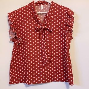 3/$25 Red & White Polka Dot Ruffled Sleeve Bowtie Semi-Sheer Top